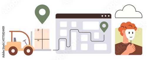 Forklift carrying package, location pins on online map, cloud, and user holding mask depict anonymity, navigation, e-commerce logistics, delivery tracking, data privacy and modern technology. Ideal