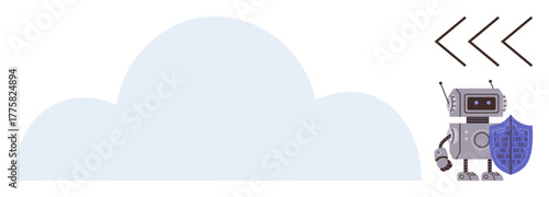 Robot holding a shield in front of a cloud, emphasizing data security, AI, and technology. Ideal for cybersecurity, cloud storage, AI protection, privacy, digital safety data encryption simple flat
