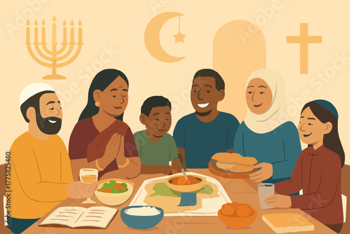 Citizens of different beliefs planting together in a community garden with joyful expressions