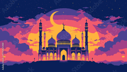 Magnificent Islamic mosque with towering minarets under a crescent moon and vibrant sunset sky, symbolizing faith and culture.