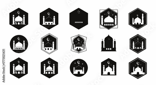 A collection of modern Islamic mosque icons and logos, featuring minimalist designs in various geometric shapes, perfect for digital applications and branding.
