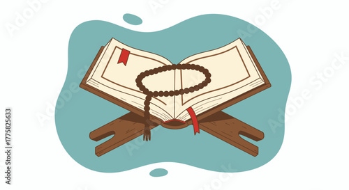 An illustrated vector image depicts the Quran, an open Islamic holy book, resting on a wooden rehal with a rosary, set against a soft, teal-colored background.