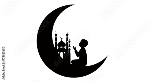 A serene vector illustration showcases an Islamic silhouette of a child praying on a crescent moon with a mosque in the background, perfect for Ramadan and Eid celebrations.