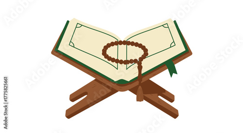 A simple vector illustration depicting an open Holy Quran resting on a traditional wooden rehal with prayer beads, symbolizing Islamic faith and devotion.