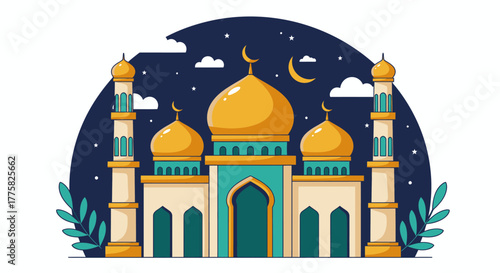 A colorful vector illustration depicts a serene mosque with golden domes against a night sky with crescent moon, perfect for Islamic themed designs and backgrounds.