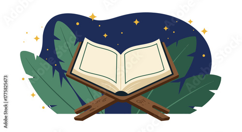 Elegant vector illustration showcasing the Holy Quran open on a wooden stand, set against a backdrop of lush leaves and a starlit night sky, radiating tranquility.