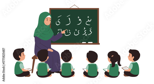 A Muslim teacher in a hijab instructs young students in an Islamic classroom setting, pointing to Arabic letters on a blackboard, promoting education and faith.