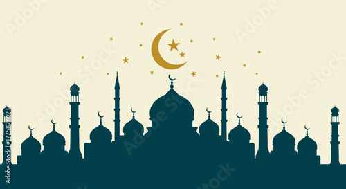 A beautifully crafted vector illustration showcasing a mosque silhouette with a crescent moon and star, perfect for Islamic themed designs and celebrations, available as a high-quality PNG.