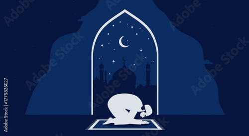 A serene vector illustration depicts a Muslim individual in prayer under a starlit moonlit archway, evoking a sense of peace and spiritual reflection at night.