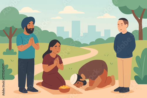 Volunteers from various religions working together to distribute food in a humanitarian setting