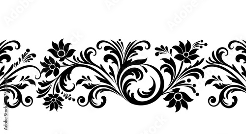 An elegant black and white seamless floral border with ornate arabesque patterns, perfect for decorative design elements and graphic resources.