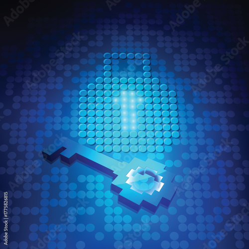 key in the keyhole : Displays a blue digital key element. Full-frame composition, blue tone. Tech style, design background