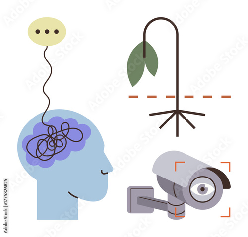 Tangled brain thoughts, drooping plant with severed roots, surveillance camera, indicating stress, environmental decay, privacy concerns. Ideal for psychology, anxiety, ecology ethics behavior