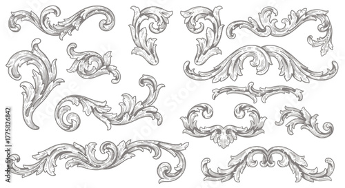 Elegant vector design elements featuring intricate floral swirls and flourishes, perfect for adding a touch of sophistication to invitations and decorative projects in graphic design.