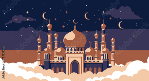 An enchanting Islamic mosque with majestic domes and towering minarets stands peacefully under a serene night sky adorned with stars and crescent moons.