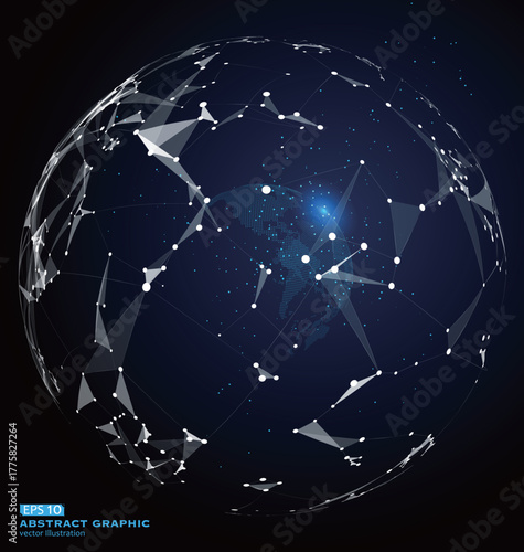 abstract globe  Displays a white wireframe globe with "Abstract Graphic" text. Full-frame composition, dark blue-white tone. Tech style, design background,