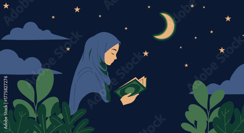 A serene vector illustration depicts a Muslim woman in hijab reading the Quran under a starry night sky with a crescent moon, evoking peace and spirituality.