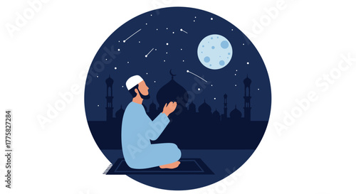 A Muslim man in traditional attire prays under a starry night sky with a full moon, a mosque silhouette in the background, conveying devotion and peace.