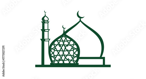 This elegant Islamic mosque silhouette, featuring a prominent minaret and graceful domes adorned with crescent moons, is a versatile vector graphic design element.