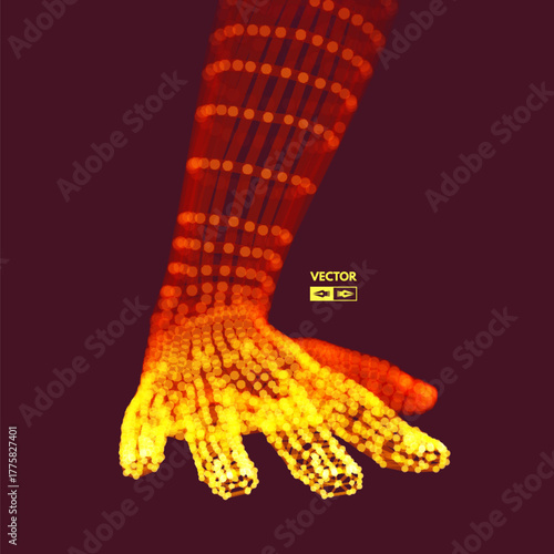peace sign on the hand resents an orange wireframe hand. Full-frame composition, red-orange tone. Tech style, design background, with "VECTOR" text.