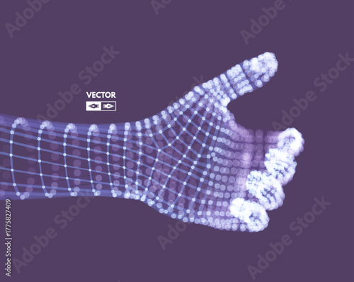 hand holding digital tablet Shows a purple wireframe hand. Full-frame composition, purple tone. Tech style, design background, with "VECTOR" text.