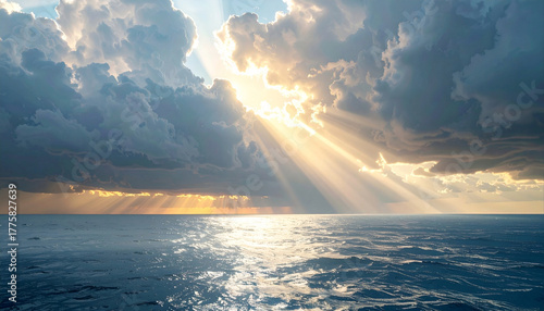 Realistic dramatic sky showing sunlight piercing through thick storm clouds, soft rays hitting ocean surface, cinematic 8K detail
