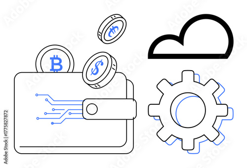 Wallet handling cryptocurrencies thumbs up Bitcoin, dollar coin cloud and gear symbols showing fintech, tech innovation. Ideal for cryptocurrency, digital finance, blockchain, online payment