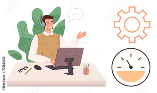 Customer service agent working on a computer while speaking, with floating cogwheel and speedometer symbols. Ideal for customer service, support, productivity, efficiency, communication, teamwork
