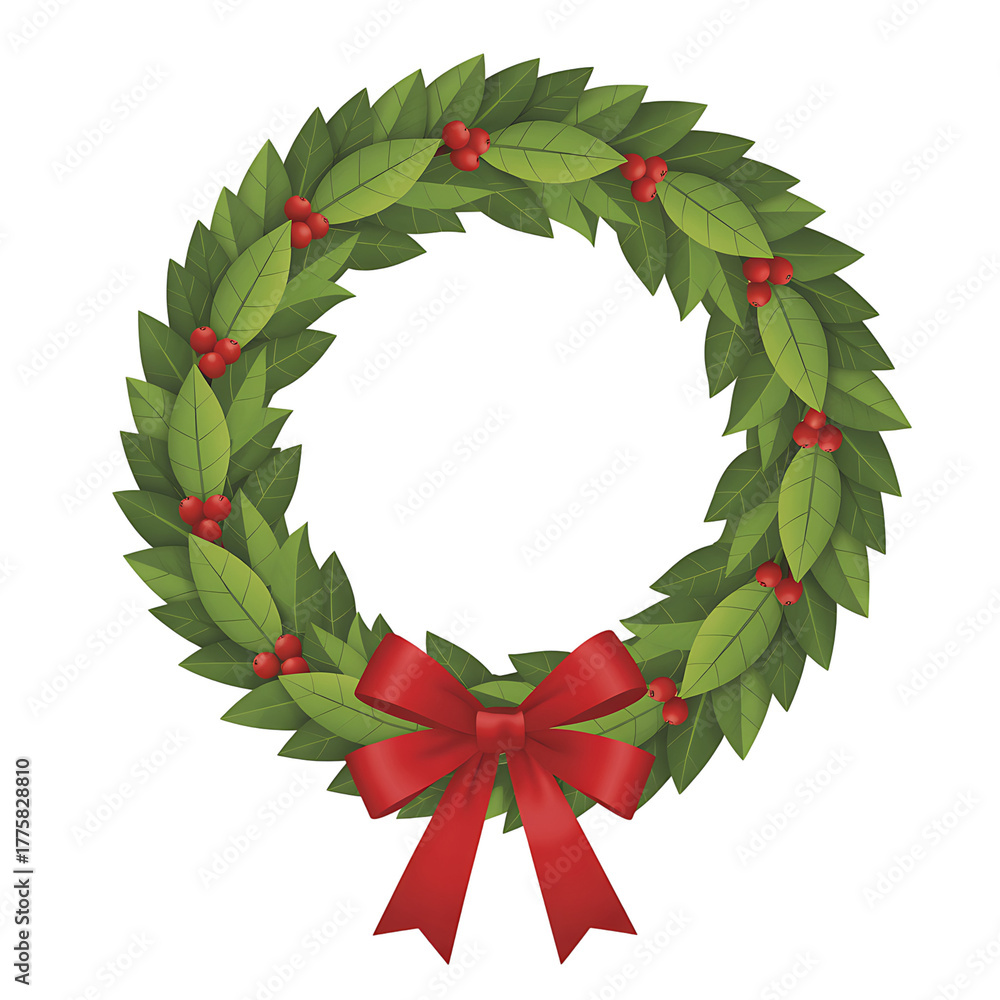 Fototapeta premium Traditional green christmas wreath with red berries and a festive red bow on a black background