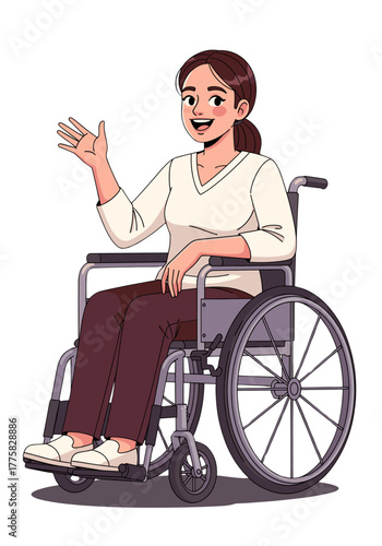 A cheerful woman in a wheelchair waving a greeting. Her smile radiates warmth and positivity.