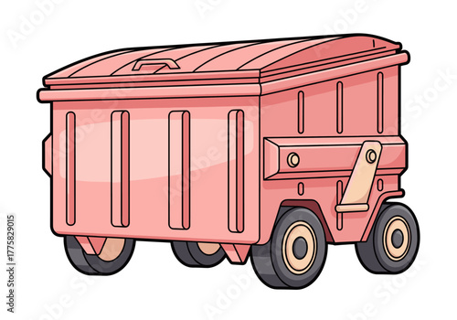 Illustration of a pink dumpster with wheels for waste disposal. It is a symbol for recycling