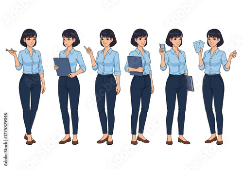 Businesswoman in various poses, showcasing professionalism and versatility. The image features a series of poses, ideal for conveying concepts such as business, communication, and presentation