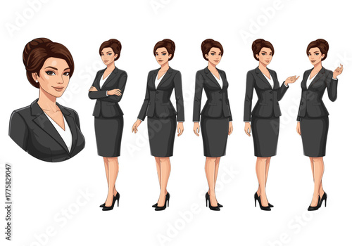 Business woman in a business suit in different poses, showcasing professional attire. The image represents a confident woman