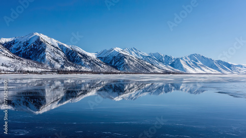 Wallpaper Mural Frozen lake reflecting snowy mountains serene winter scenery on transparent background Torontodigital.ca