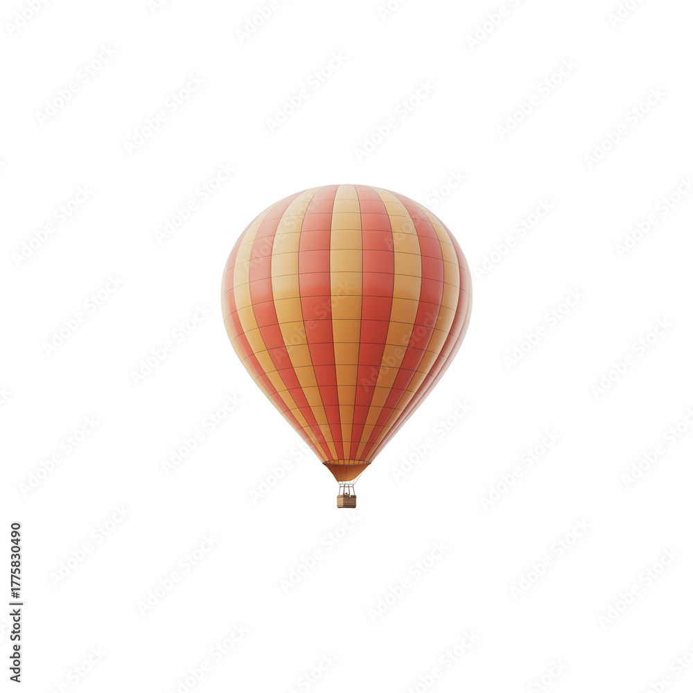 Fototapeta premium A vibrant hot air balloon with orange and yellow stripes floats in a clear sky