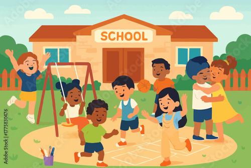 Children of various backgrounds playing together in a safe and inclusive school playground