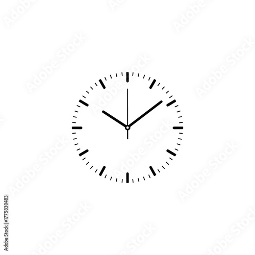 Vector a simple black and white clock face with hour and minute hands pointing to approximately 1010, isolated on a