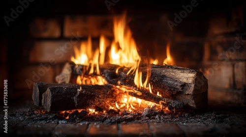 Warm flames dance in a cozy fireplace, creating a comforting atmosphere during a cold evening