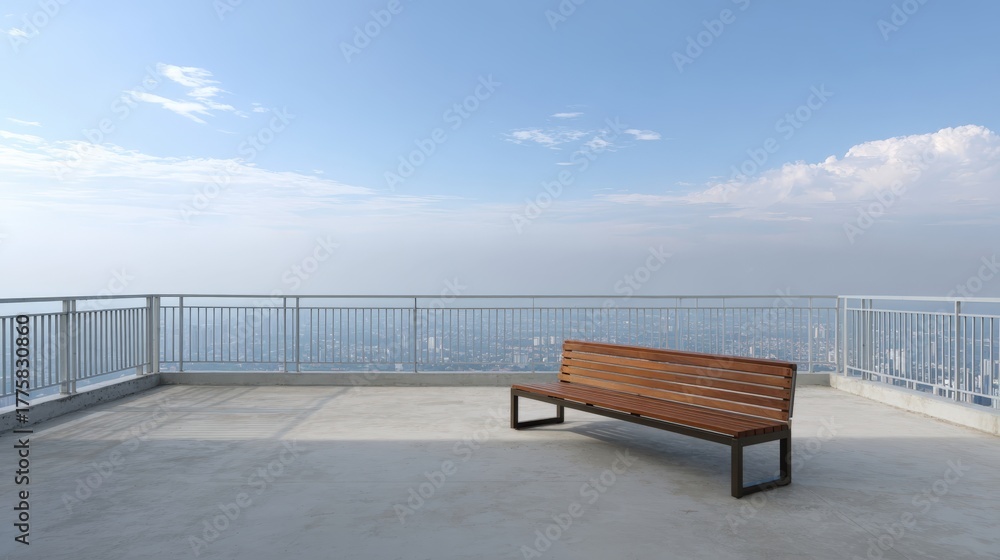 Obraz premium Scenic rooftop terrace with a wooden bench overlooking the city skyline under a clear blue sky