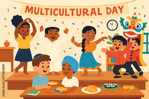 Multicultural school celebration with students performing dances and sharing cultural food