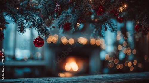 Warm holiday scene with Christmas tree decorations and glowing fireplace in cozy setting