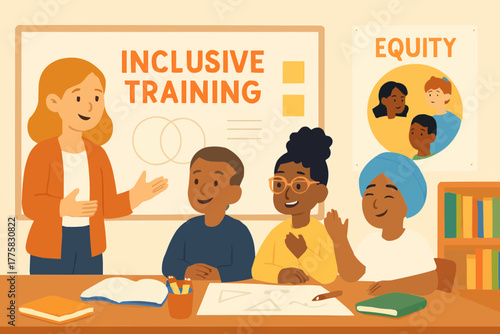 Teachers from diverse backgrounds attending inclusive training session with visible collaboration and respect