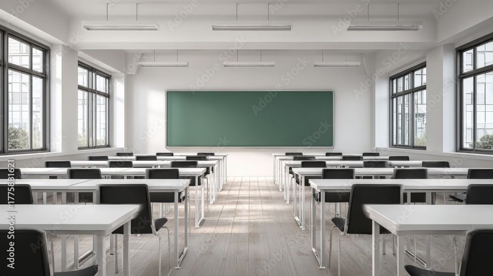 Fototapeta premium Bright Classroom Interior with Empty Desks, Green Chalkboard, and Natural Light from Windows