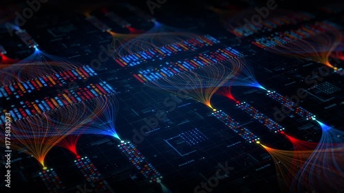 Abstract digital data stream visualization showing network connections, data flow, and a futuristic information processing system. Ideal for tech, AI, and IT concept designs.