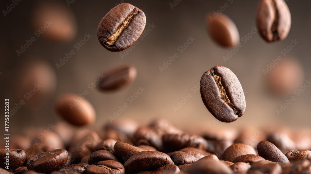 Fototapeta premium Roasted Coffee Beans Levitation: Aromatic, Rich, and Energizing for Coffee Shops and Product Marketing
