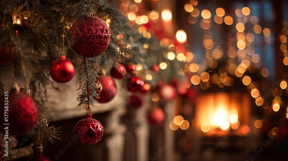 Naklejka premium Festive Christmas decorations with red ornaments and warm fire glow in a cozy atmosphere