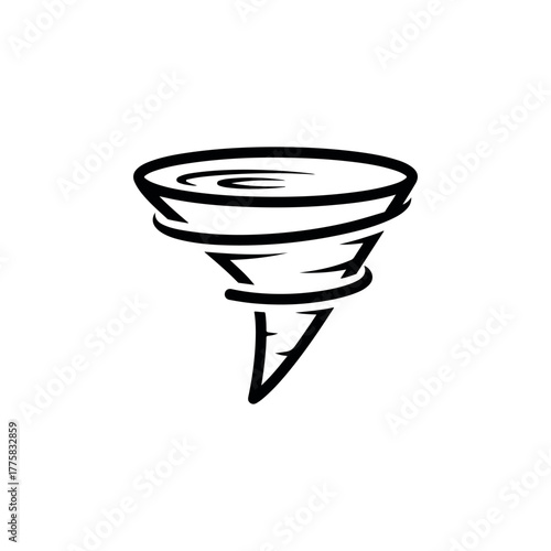 Vector a stylized black and white line art illustration of a tornado or vortex, symbolizing natural disaster, weather phenomenon, or powerful force, isolated on a
