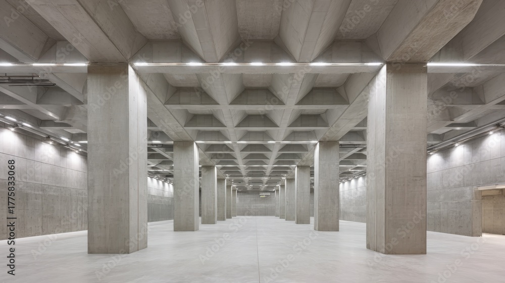 Fototapeta premium Modern Concrete Structure with Repeating Ceiling Pattern and Rows of Pillars, Ideal for Architectural Visualization