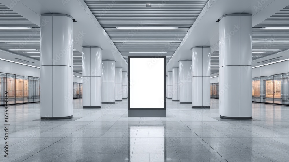 Fototapeta premium Modern Underground Hallway with Blank Advertisement Space on Billboard, Featuring Architectural Columns and Glass Walls