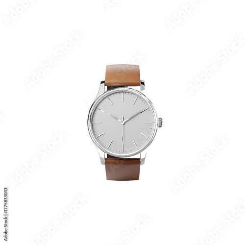 Minimalist Wristwatch with White Face and Brown Leather Strap on White Background